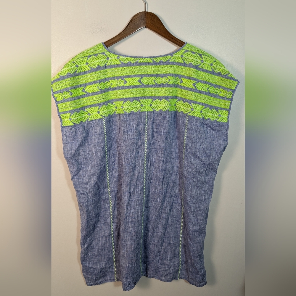 J.Crew Embroidery Neon Green Blue Chambray Linen Mini Cover Up Dress - Picture 9 of 10